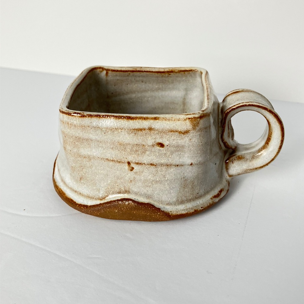 Studio‎ Pottery Square Mug Signed Artisan Stoneware Glazed Cream Brown Wabi Sabi
